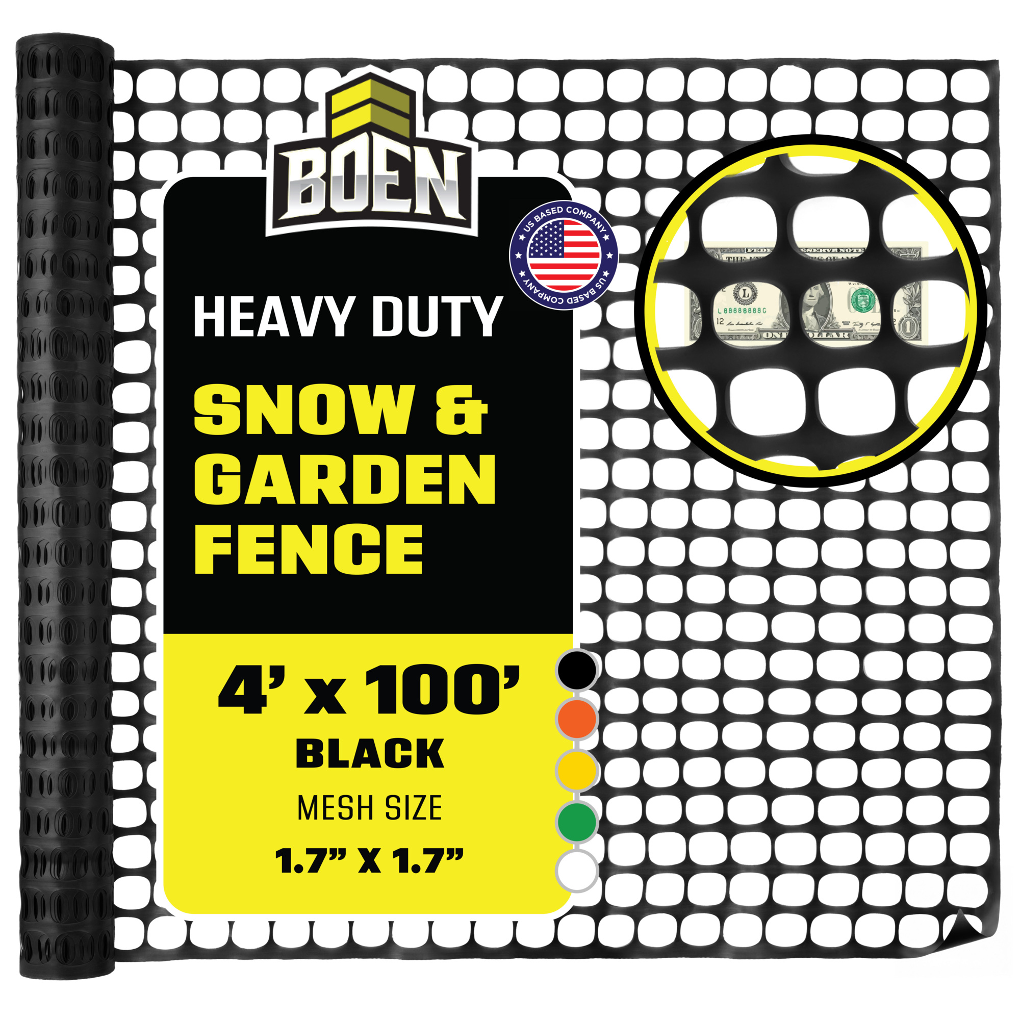 Boen Black Safety Fence, 4 ft x 100 ft, Temporary Construction Fencing, Mesh Snow Fence, Plastic Garden Netting, Above Ground Barrier, for Deer, Kids, Swimming Pool, Silt, Lawn, Rabbits, Poultry, Dogs